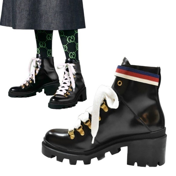 Gucci Magnum Calf Web Sylvie Lace Up black Boots US 8 - Picture 11 of 13